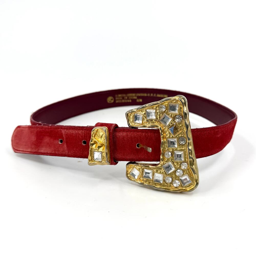 Vintage 90s Red Genuine Suede Rhinestone Buckle Statement Belt